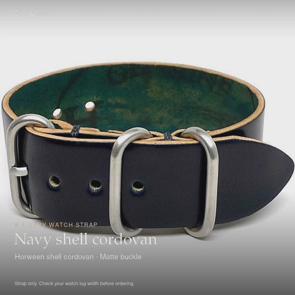 DA LUCA Shell Cordovan 1 Piece Military Watch Strap - Navy (Matte Buckle). Official product film with readable details. #Color_Navy (Shell 1P Matte)