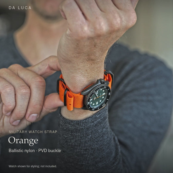 DA LUCA Ballistic Nylon Military Watch Strap - Orange (PVD Buckle). Official product film with readable details. #Color_Orange (Nylon PVD)