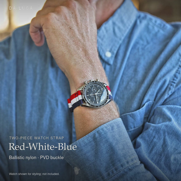 DA LUCA Two Piece Ballistic Nylon Military Watch Strap - Red-White-Blue (PVD Buckle). Official product film with readable details. #Color_Red-White-Blue (Nylon 2P PVD)