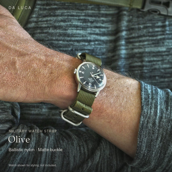 DA LUCA Ballistic Nylon Military Watch Strap - Olive (Matte Buckle). Official product film with readable details. #Color_Olive (Nylon Matte)