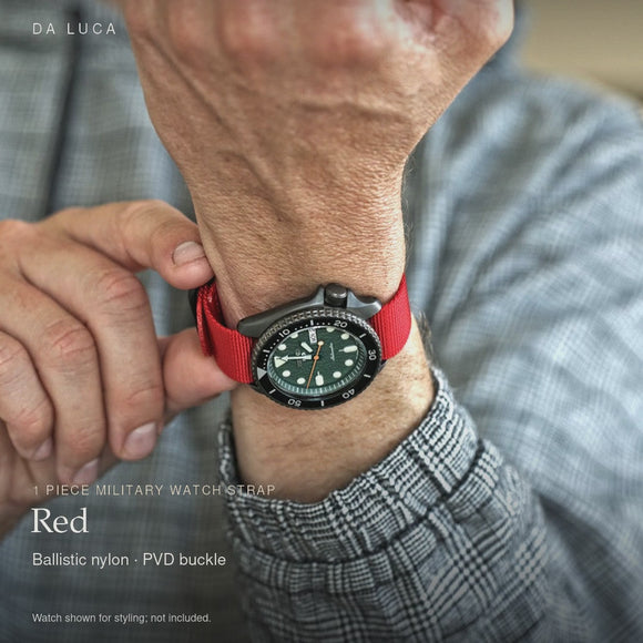 DA LUCA Ballistic Nylon Military 1 Piece Watch Strap - Red (PVD Buckle). Official product film with readable details. #Color_Red (Nylon 1P PVD)