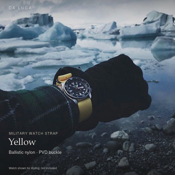 DA LUCA Ballistic Nylon Military Watch Strap - Yellow (PVD Buckle). Official product film with readable details. #Color_Yellow (Nylon PVD)