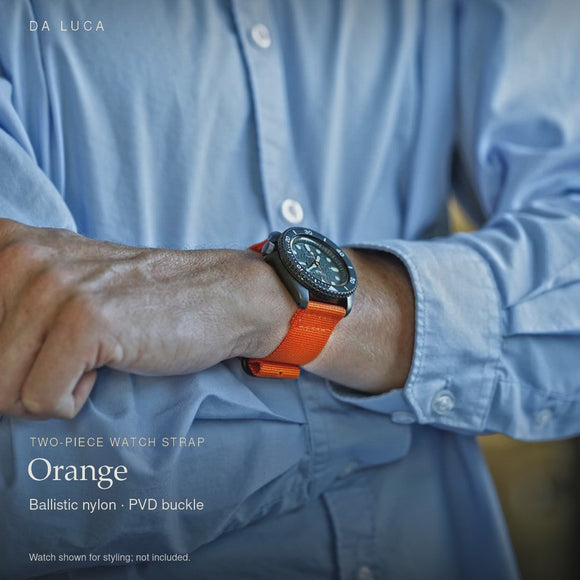 DA LUCA Two Piece Ballistic Nylon Military Watch Strap - Orange (PVD Buckle). Official product film with readable details. #Color_Orange (Nylon 2P PVD)