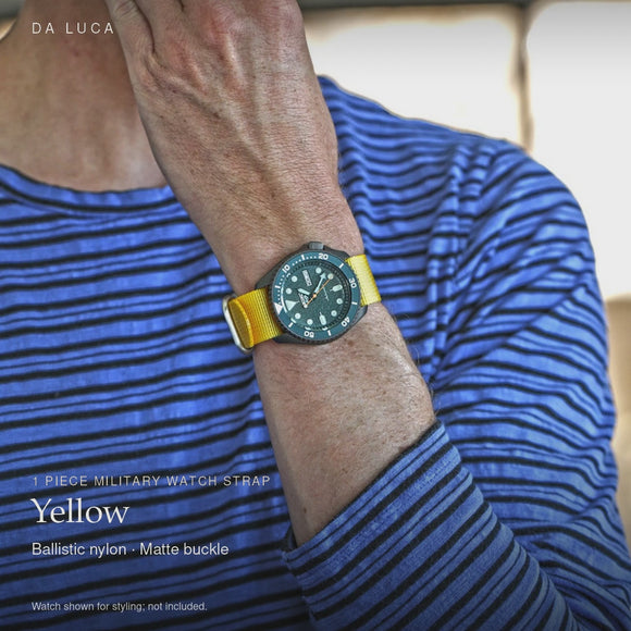 DA LUCA Ballistic Nylon Military 1 Piece Watch Strap - Yellow (Matte Buckle). Official product film with readable details. #Color_Yellow (Nylon 1P Matte)