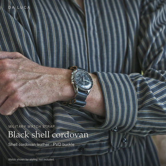 DA LUCA Shell Cordovan Military Watch Strap - Black (PVD Buckle). Official product film with readable details. #Color_Black (Shell PVD)