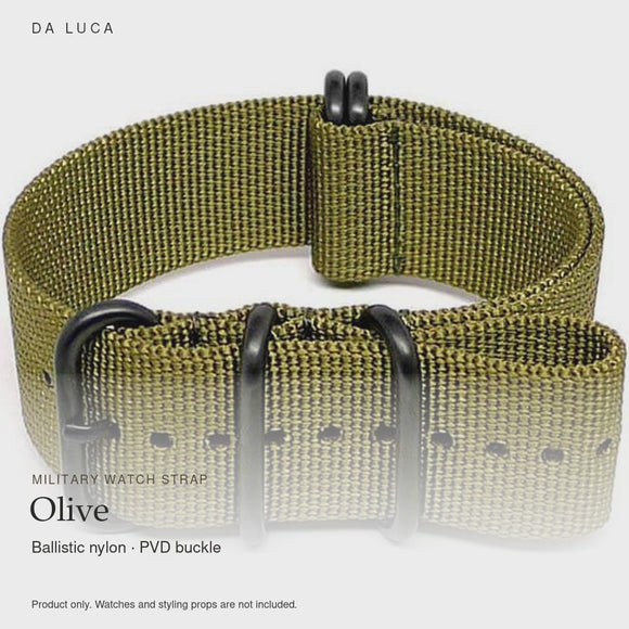 DA LUCA Ballistic Nylon Military Watch Strap - (PVD Buckle) - Olive. Official product film with readable details. #Color_Olive (Nylon PVD)
