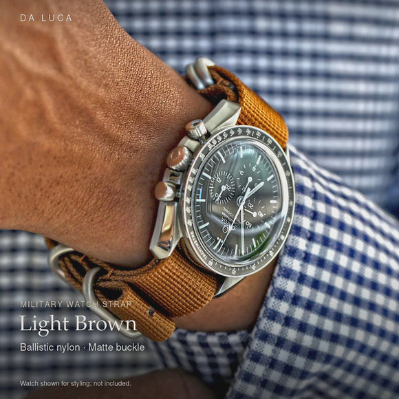DA LUCA Ballistic Nylon Military Watch Strap - Light Brown (Matte Buckle). Official product film with readable details. #Color_Light Brown (Nylon Matte)