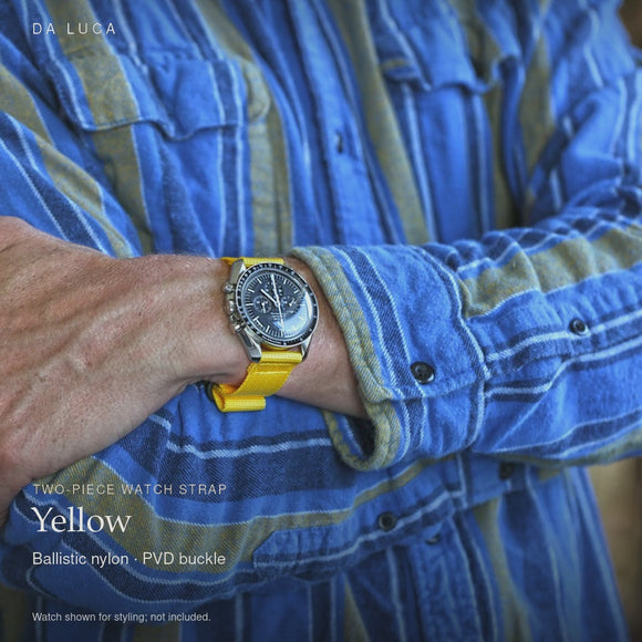 DA LUCA Two Piece Ballistic Nylon Military Watch Strap - Yellow (PVD Buckle). Official product film with readable details. #Color_Yellow (Nylon 2P PVD)