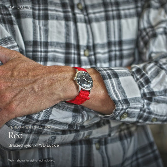 DA LUCA Braided Nylon Perlon Watch Strap - Red (PVD Buckle). Official product film with readable details. #Color_Red (Perlon PVD)