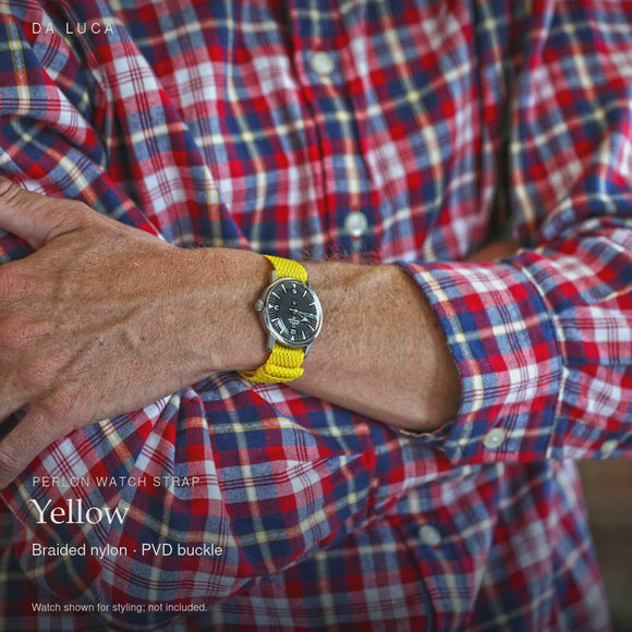 DA LUCA Braided Nylon Perlon Watch Strap - Yellow (PVD Buckle). Official product film with readable details. #Color_Yellow (Perlon PVD)