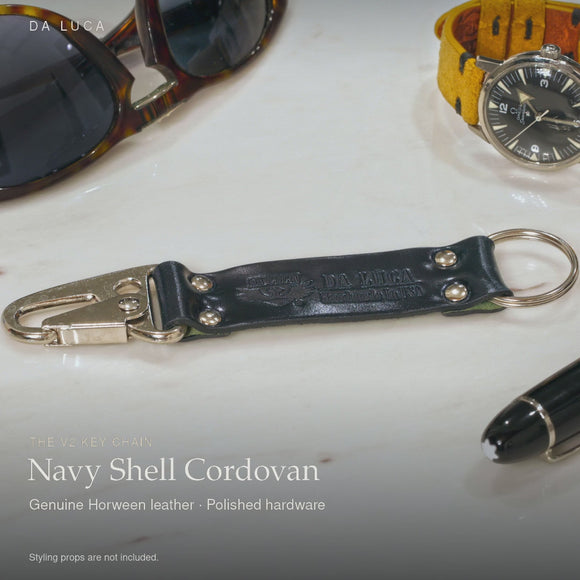 DA LUCA Leather V2 Key Chain - Navy Shell Cordovan (Polished). Official product film with readable details. #Color_Navy Shell Cordovan (Key-Pol)