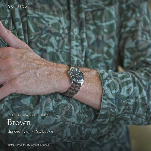 DA LUCA Braided Nylon Perlon Watch Strap - Brown (PVD Buckle). Official product film with readable details. #Color_Brown (Perlon PVD)