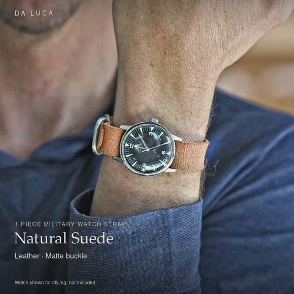 DA LUCA 1 Piece Leather Military Watch Strap - Natural Suede (Matte Buckle). Official product film with readable details. #Color_Natural Essex Suede (Leather 1P Matte)
