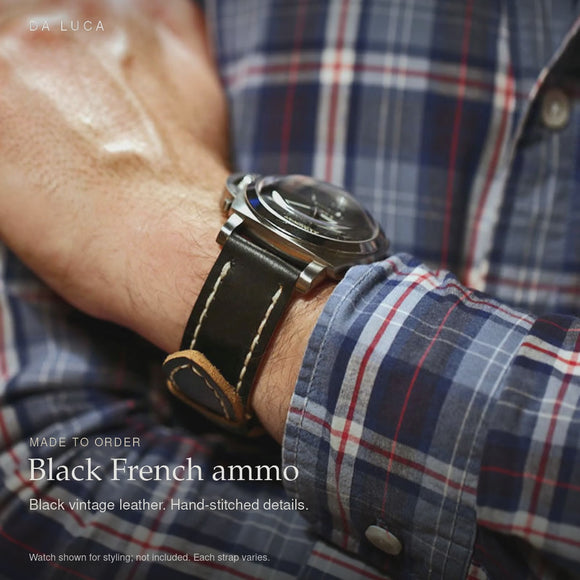 DA LUCA Vintage French Ammo Watch Strap - Black. Made-to-order product details and styling.