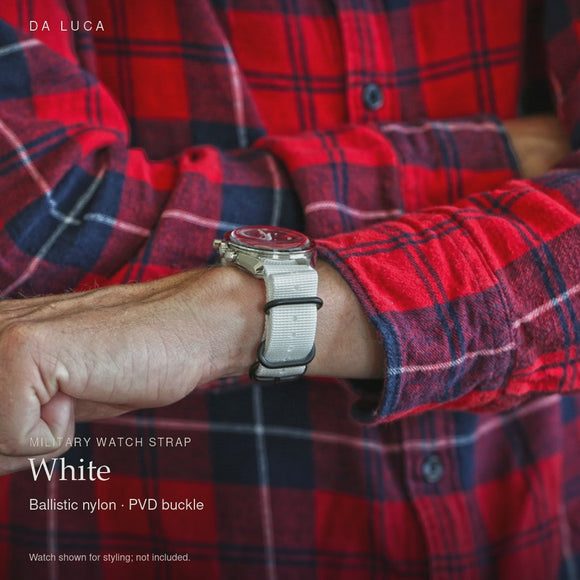 DA LUCA Ballistic Nylon Military Watch Strap - White (PVD Buckle). Official product film with readable details. #Color_White (Nylon PVD)