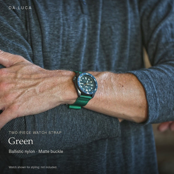 DA LUCA Two Piece Ballistic Nylon Military Watch Strap - Green. Official product film with readable details. #Color_Green (Nylon 2P Matte)