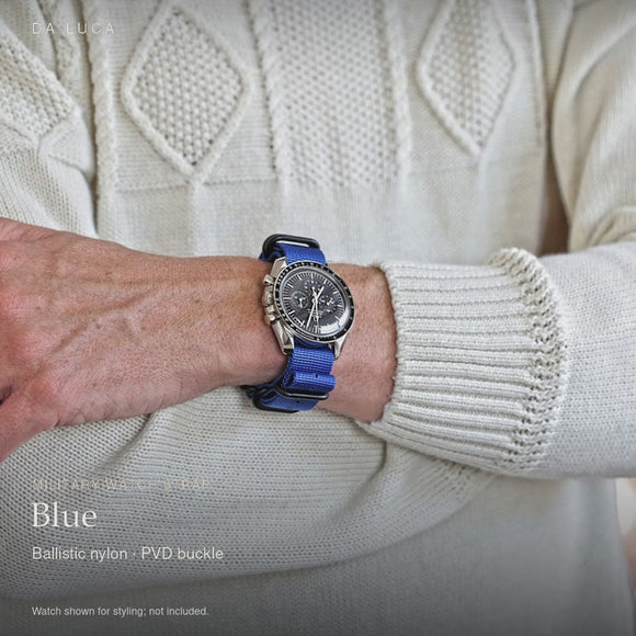 DA LUCA Ballistic Nylon Military Watch Strap - Blue (PVD Buckle). Official product film with readable details. #Color_Blue (Nylon PVD)