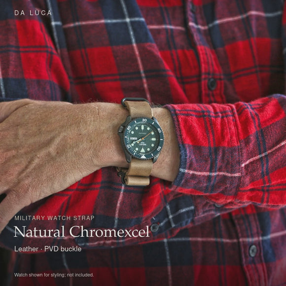 DA LUCA Leather Military Watch Strap - Natural Chromexcel (PVD Buckle). Official product film with readable details. #Color_Natural Chromexcel (Leather PVD)