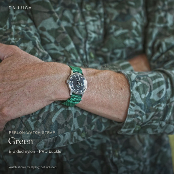 DA LUCA Braided Nylon Perlon Watch Strap - Green (PVD Buckle). Official product film with readable details. #Color_Green (Perlon PVD)