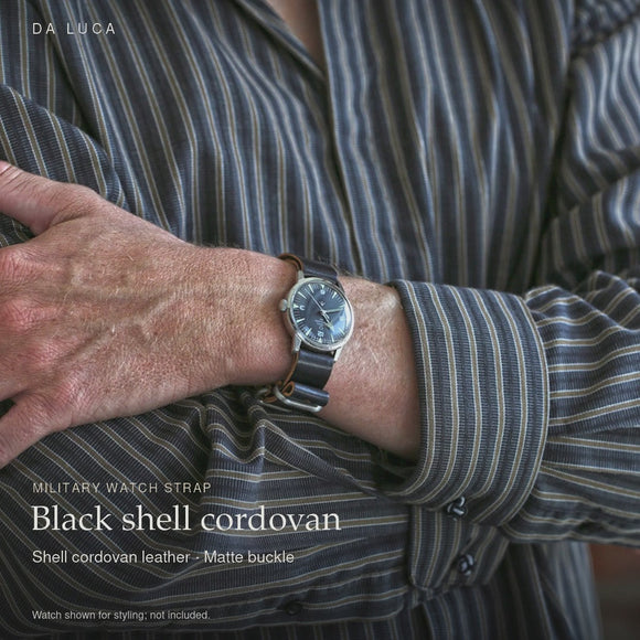 DA LUCA Shell Cordovan Military Watch Strap - Black (Matte Buckle). Official product film with readable details. #Color_Black (Shell Matte)