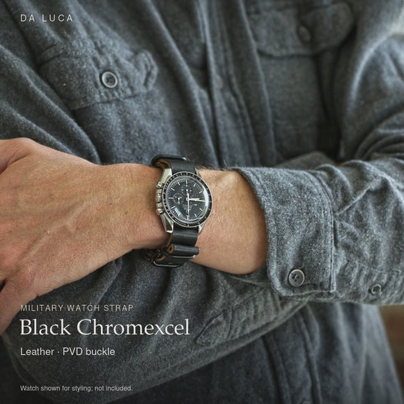DA LUCA Leather Military Watch Strap - Black Chromexcel (PVD Buckle). Official product film with readable details. #Color_Black Chromexcel (Leather PVD)