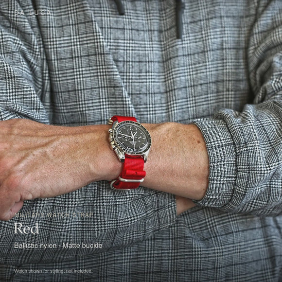 DA LUCA Ballistic Nylon Military Watch Strap - Red (Matte Buckle). Official product film with readable details. #Color_Red (Nylon Matte)
