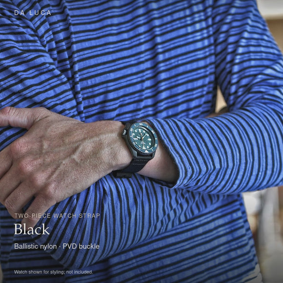 DA LUCA Two Piece Ballistic Nylon Military Watch Strap - Black (PVD Buckle). Official product film with readable details.