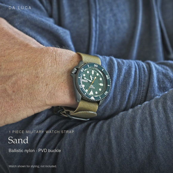 DA LUCA Ballistic Nylon Military 1 Piece Watch Strap - Sand (PVD Buckle). Official product film with readable details. #Color_Sand (Nylon 1P PVD)