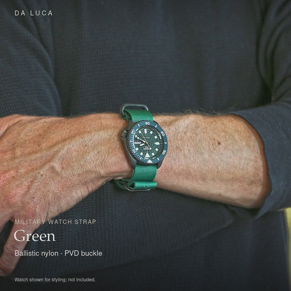 DA LUCA Ballistic Nylon Military Watch Strap - Green (PVD Buckle). Official product film with readable details. #Color_Green (Nylon PVD)