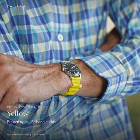 DA LUCA Braided Nylon Perlon Watch Strap - Yellow (Polished Buckle). Official product film with readable details. #Color_Yellow (Perlon Polished)