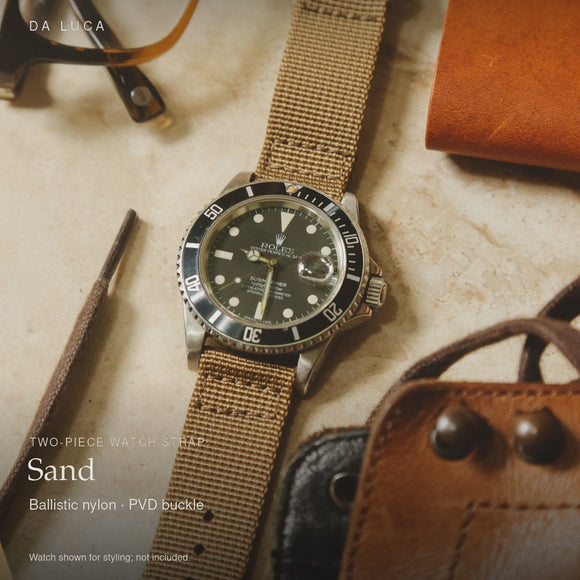 DA LUCA Two Piece Ballistic Nylon Military Watch Strap - Sand (PVD Buckle). Official product film with readable details. #Color_Sand (Nylon 2P PVD)