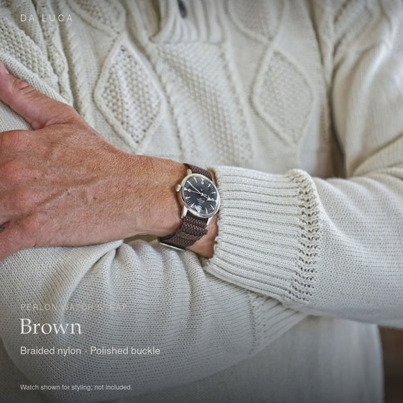 DA LUCA Braided Nylon Perlon Watch Strap - Brown (Polished Buckle). Official product film with readable details. #Color_Brown (Perlon Polished)