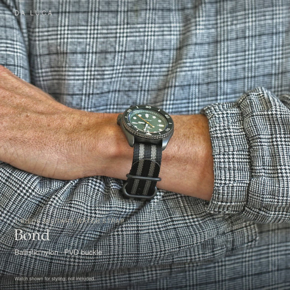 DA LUCA Ballistic Nylon Military 1 Piece Watch Strap - Bond (PVD Buckle). Official product film with readable details. #Color_Bond (Nylon 1P PVD)