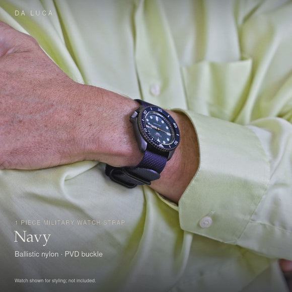DA LUCA Ballistic Nylon Military 1 Piece Watch Strap - Navy (PVD Buckle). Official product film with readable details. #Color_Navy (Nylon 1P PVD)