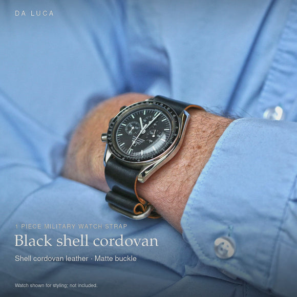 DA LUCA Shell Cordovan 1 Piece Military Watch Strap - Black (Matte Buckle). Official product film with readable details. #Color_Black (Shell 1P Matte)