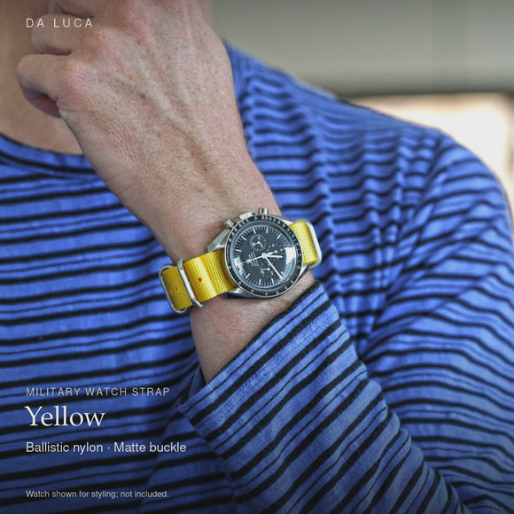 DA LUCA Ballistic Nylon Military Watch Strap - Yellow (Matte Buckle). Official product film with readable details. #Color_Yellow (Nylon Matte)