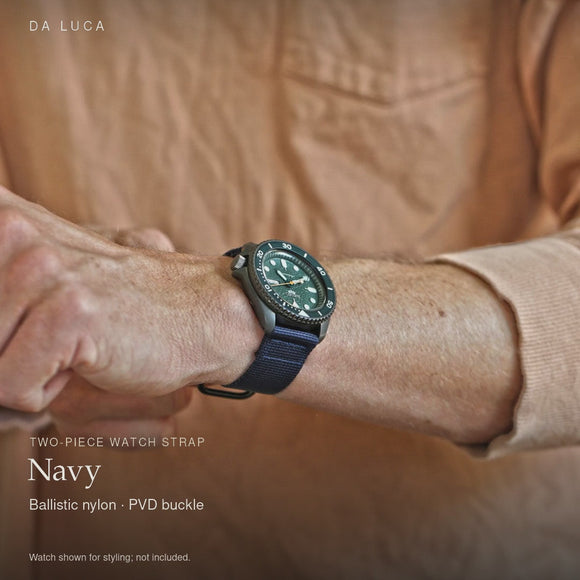 DA LUCA Two Piece Ballistic Nylon Military Watch Strap - Navy (PVD Buckle). Official product film with readable details. #Color_Navy (Nylon 2P PVD)