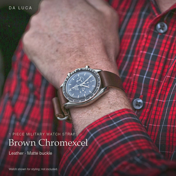 DA LUCA 1 Piece Leather Military Watch Strap - Brown Chromexcel (Matte Buckle). Official product film with readable details. #Color_Brown Chromexcel (Leather 1P Matte)