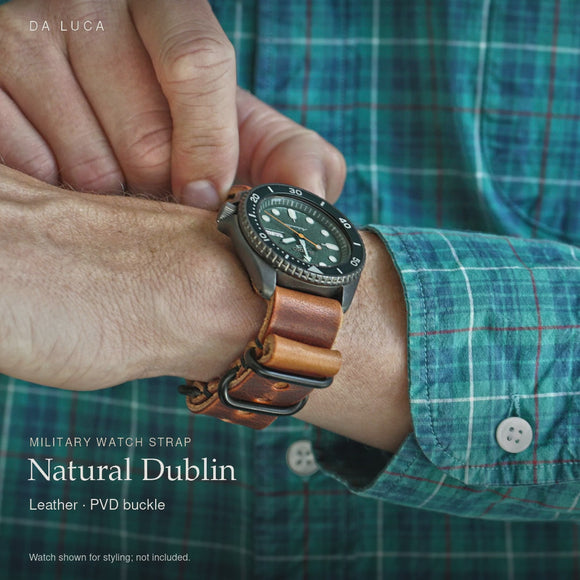DA LUCA Leather Military Watch Strap - Natural Dublin (PVD Buckle). Official product film with readable details. #Color_Natural Dublin (Leather PVD)