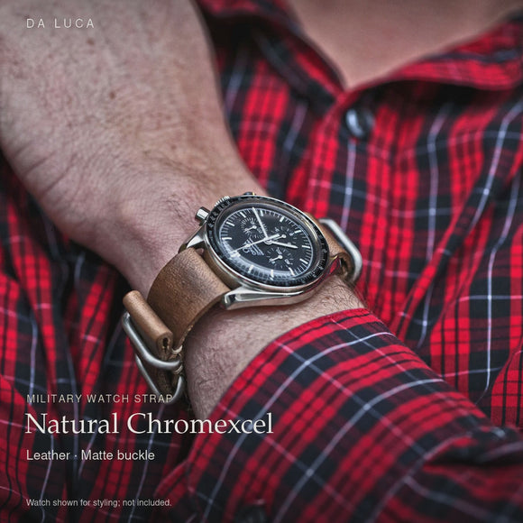 DA LUCA Leather Military Watch Strap - Natural Chromexcel (Matte Buckle). Official product film with readable details. #Color_Natural Chromexcel (Leather Matte)