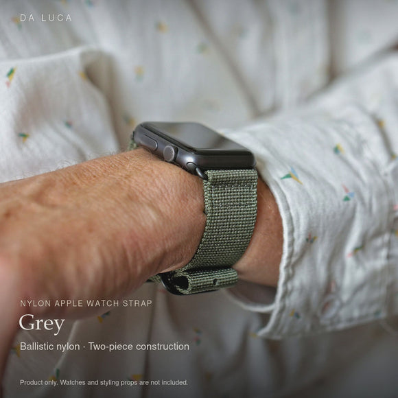 DA LUCA Nylon Apple Watch Strap - Grey. Official product film with readable details. #Color_Grey (Nylon 2P PVD)