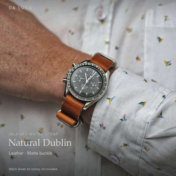 DA LUCA Leather Military Watch Strap - Natural Dublin (Matte Buckle). Official product film with readable details. #Color_Natural Dublin (Leather Matte)