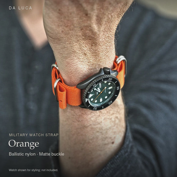 DA LUCA Ballistic Nylon Military Watch Strap - Orange (Matte Buckle). Official product film with readable details. #Color_Orange (Nylon Matte)
