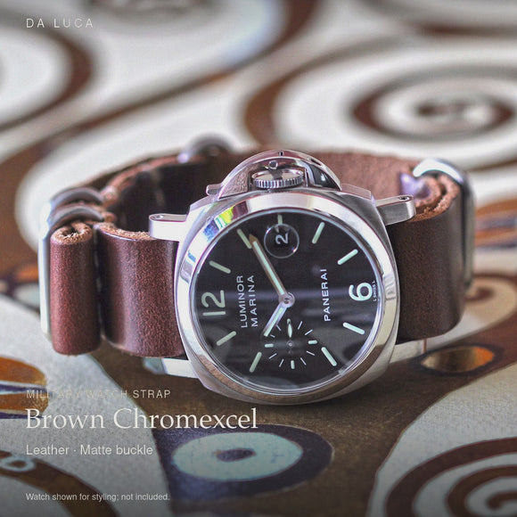 DA LUCA Leather Military Watch Strap - Brown Chromexcel (Matte Buckle). Official product film with readable details. #Color_Brown Chromexcel (Leather Matte)