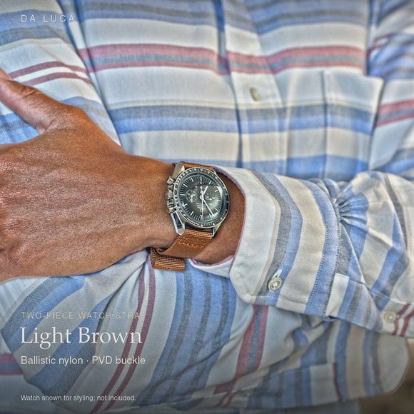 DA LUCA Two Piece Ballistic Nylon Military Watch Strap - Light Brown (PVD Buckle). Official product film with readable details. #Color_Light Brown (Nylon 2P PVD)