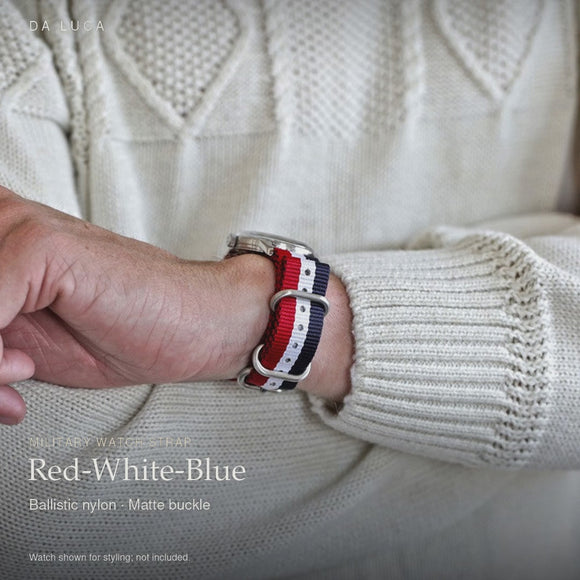 DA LUCA Ballistic Nylon Military Watch Strap - Red-White-Blue (Matte Buckle). Official product film with readable details. #Color_Red-White-Blue (Nylon Matte)