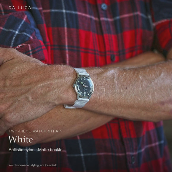 DA LUCA Two Piece Ballistic Nylon Military Watch Strap - White. Official product film with readable details. #Color_White (Nylon 2P Matte)