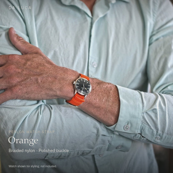 DA LUCA Braided Nylon Perlon Watch Strap - Orange (Polished Buckle). Official product film with readable details. #Color_Orange (Perlon Polished)