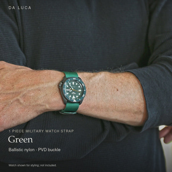 DA LUCA Ballistic Nylon Military 1 Piece Watch Strap - Green (PVD Buckle). Official product film with readable details. #Color_Green (Nylon 1P PVD)