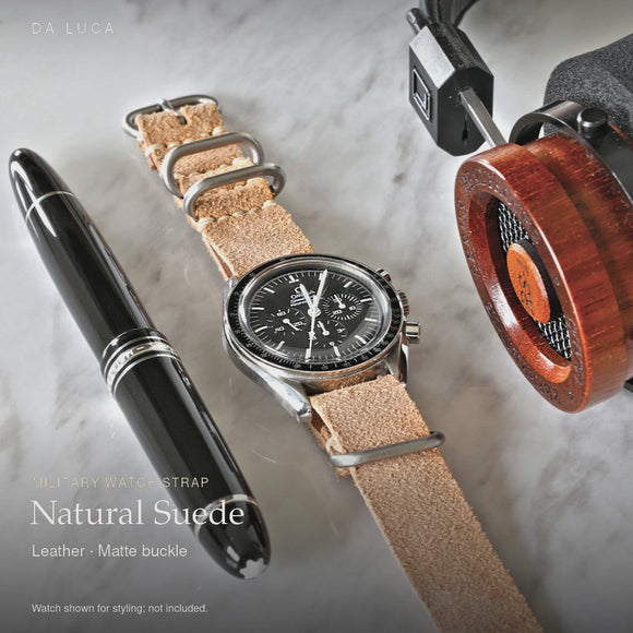 DA LUCA Leather Military Watch Strap - Natural Suede (Matte Buckle). Official product film with readable details. #Color_Natural Essex Suede (Leather Matte)